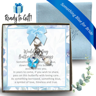 Something Blue Wedding Day Butterfly Blessings Charm – Aqua Blue Crystal Butterfly and Pearl Bridal Bouquet Keepsake, Wedding or Bridal Shower Gift for Bride