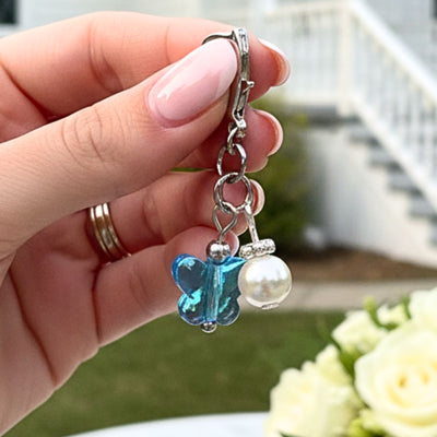 Something Blue Wedding Day Butterfly Blessings Charm – Aqua Blue Crystal Butterfly and Pearl Bridal Bouquet Keepsake, Wedding or Bridal Shower Gift for Bride