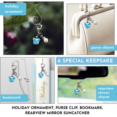 Something Blue Wedding Day Butterfly Blessings Charm – Aqua Blue Crystal Butterfly and Pearl Bridal Bouquet Keepsake, Wedding or Bridal Shower Gift for Bride