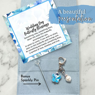 Something Blue Wedding Day Butterfly Blessings Charm – Aqua Blue Crystal Butterfly and Pearl Bridal Bouquet Keepsake, Wedding or Bridal Shower Gift for Bride