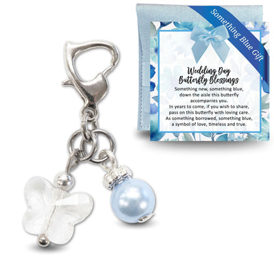 Something Blue Wedding Day Butterfly Blessings Charm – Aqua Blue Crystal Butterfly and Pearl Bridal Bouquet Keepsake, Wedding or Bridal Shower Gift for Bride