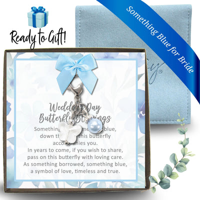 Something Blue Wedding Day Butterfly Blessings Charm – Aqua Blue Crystal Butterfly and Pearl Bridal Bouquet Keepsake, Wedding or Bridal Shower Gift for Bride