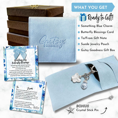Something Blue Wedding Day Butterfly Blessings Charm – Aqua Blue Crystal Butterfly and Pearl Bridal Bouquet Keepsake, Wedding or Bridal Shower Gift for Bride