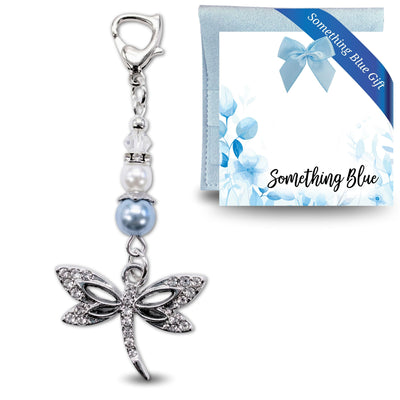 Something Blue Dragonfly Bridal Charm – Dusty Blue Pearl Wedding Bouquet Keepsake for Bride, Sparkling Charm with Heart Clasp and Pin