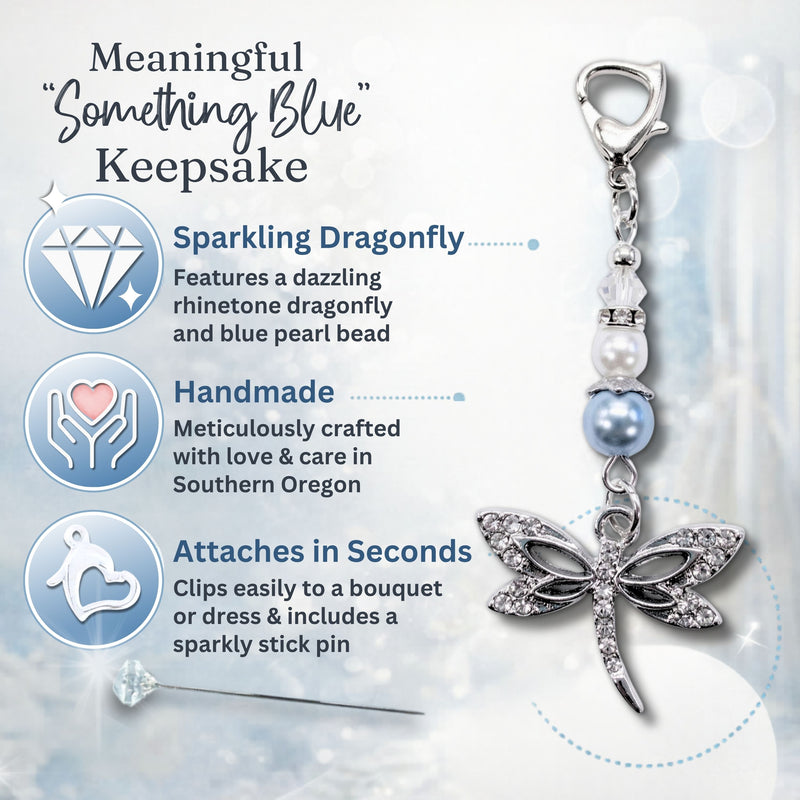 Something Blue Dragonfly Bridal Charm – Dusty Blue Pearl Wedding Bouquet Keepsake for Bride, Sparkling Charm with Heart Clasp and Pin