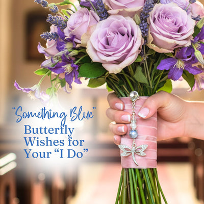 Something Blue Dragonfly Bridal Charm – Dusty Blue Pearl Wedding Bouquet Keepsake for Bride, Sparkling Charm with Heart Clasp and Pin