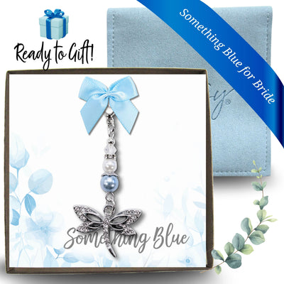 Something Blue Dragonfly Bridal Charm – Dusty Blue Pearl Wedding Bouquet Keepsake for Bride, Sparkling Charm with Heart Clasp and Pin