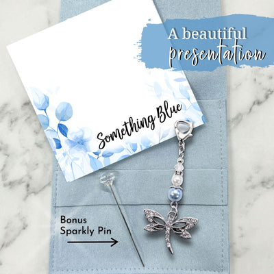 Something Blue Dragonfly Bridal Charm – Dusty Blue Pearl Wedding Bouquet Keepsake for Bride, Sparkling Charm with Heart Clasp and Pin