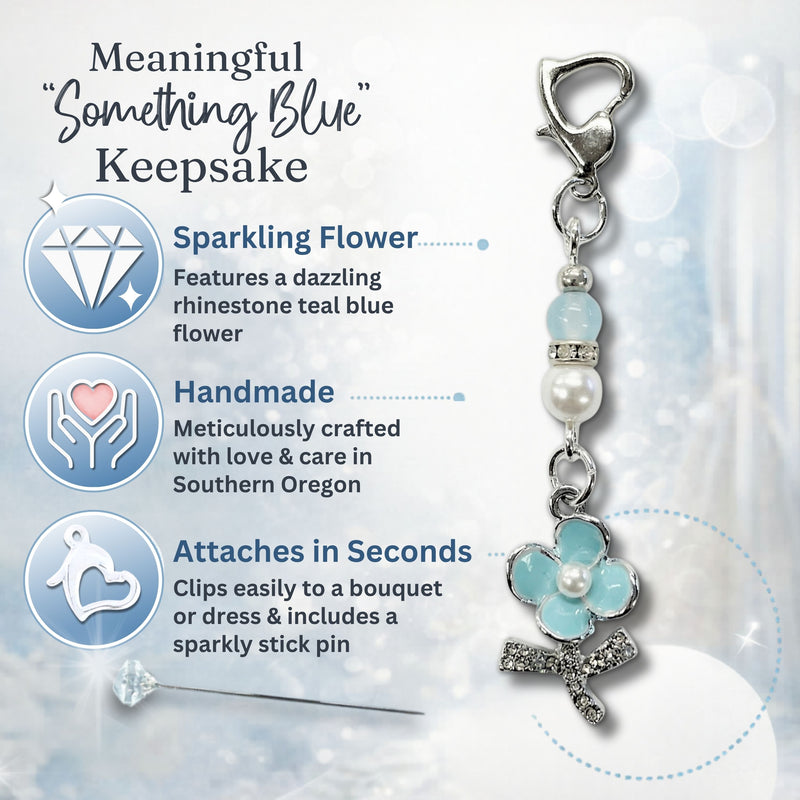 Something Blue Blossom Blessings Charm for Bride – Blue Flower Wedding Bouquet Keepsake with Pearl, Beach Bridal Shower Gift