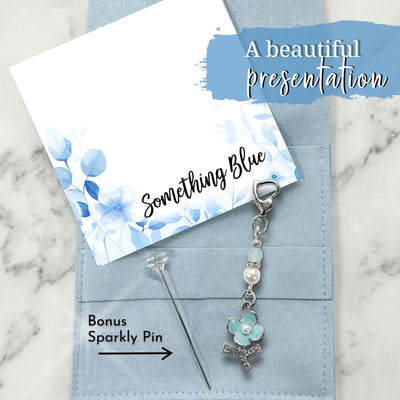 Something Blue Blossom Blessings Charm for Bride – Blue Flower Wedding Bouquet Keepsake with Pearl, Beach Bridal Shower Gift