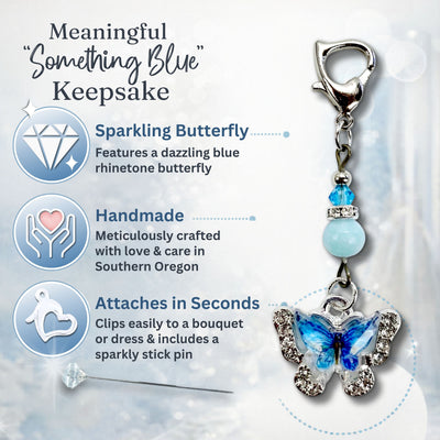 Something Blue Wedding Day Butterfly Blessings Charm – Blue Butterfly Bridal Bouquet Keepsake with Sparkling Crystal Accents, Bridal Shower Gift