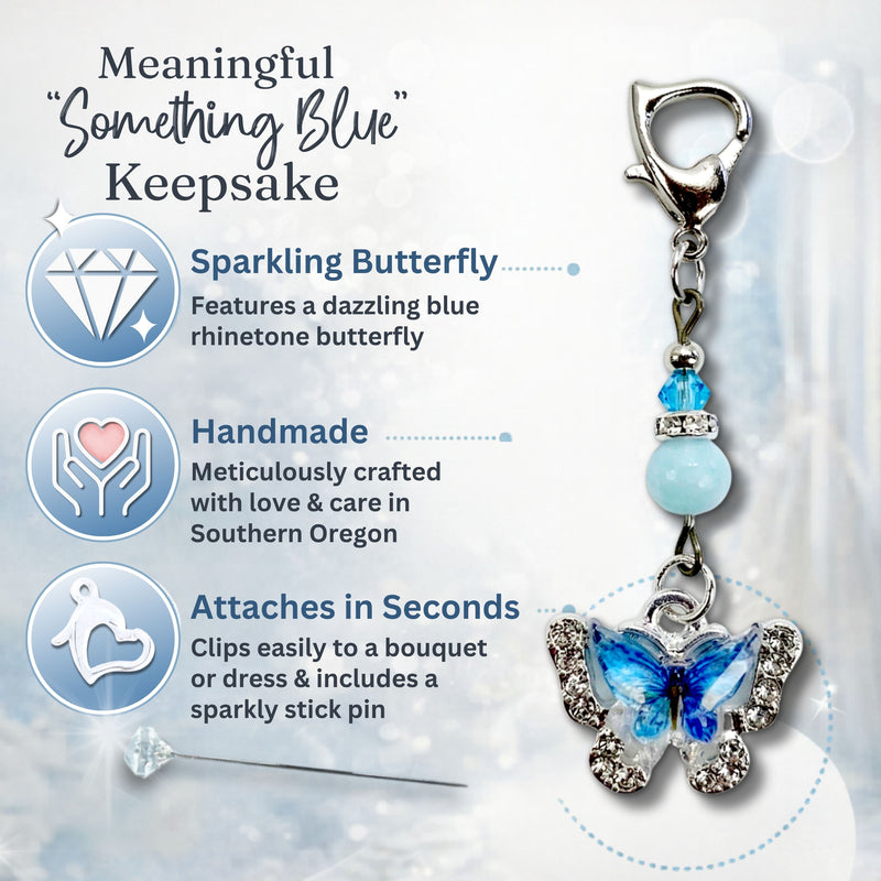 Something Blue Wedding Day Butterfly Blessings Charm – Blue Butterfly Bridal Bouquet Keepsake with Sparkling Crystal Accents, Bridal Shower Gift