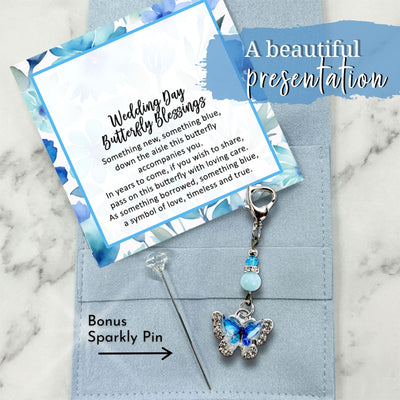 Something Blue Wedding Day Butterfly Blessings Charm – Blue Butterfly Bridal Bouquet Keepsake with Sparkling Crystal Accents, Bridal Shower Gift