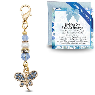 Something Blue Wedding Day Butterfly Blessings Charm – Blue Crystal Bridal Bouquet Keepsake for Bride Gold-Tone Charm for Bridal Shower Gift