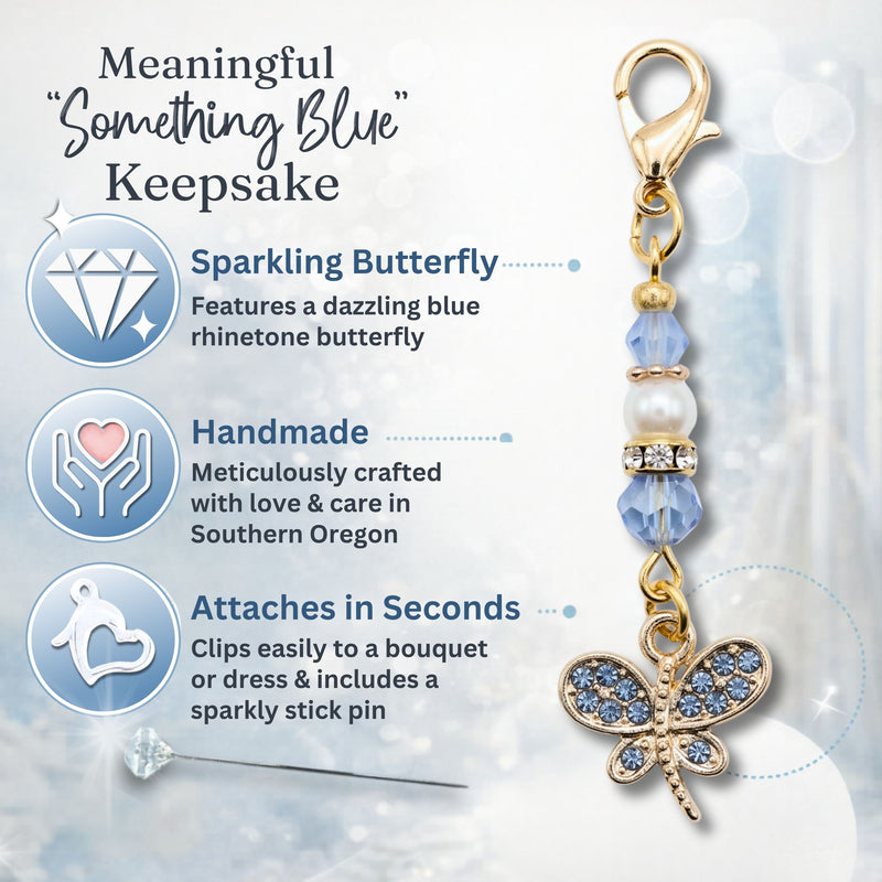 Something Blue Wedding Day Butterfly Blessings Charm – Blue Crystal Bridal Bouquet Keepsake for Bride Gold-Tone Charm for Bridal Shower Gift