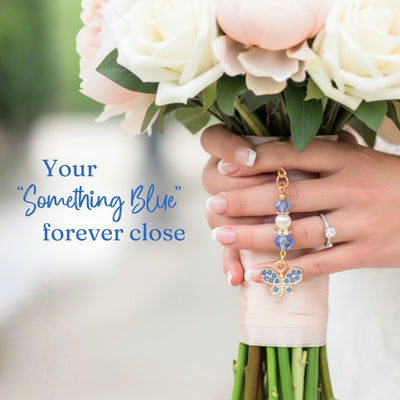 Something Blue Wedding Day Butterfly Blessings Charm – Blue Crystal Bridal Bouquet Keepsake for Bride Gold-Tone Charm for Bridal Shower Gift