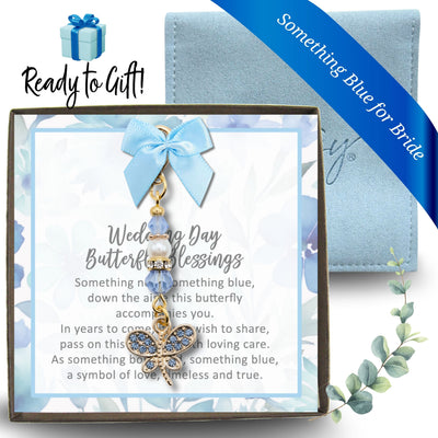 Something Blue Wedding Day Butterfly Blessings Charm – Blue Crystal Bridal Bouquet Keepsake for Bride Gold-Tone Charm for Bridal Shower Gift