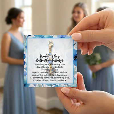 Something Blue Wedding Day Butterfly Blessings Charm – Blue Crystal Bridal Bouquet Keepsake for Bride Gold-Tone Charm for Bridal Shower Gift