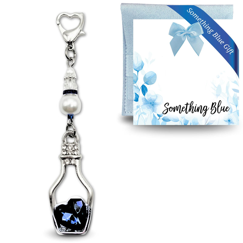 Something Blue Time in a Bottle Bridal Charm – Crystal Wedding Keepsake for Bride, Bouquet Charm with Heart Clasp and Pin, Jewelry Pouch