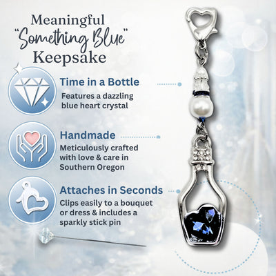 Something Blue Time in a Bottle Bridal Charm – Crystal Wedding Keepsake for Bride, Bouquet Charm with Heart Clasp and Pin, Jewelry Pouch