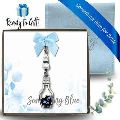 Something Blue Time in a Bottle Bridal Charm – Crystal Wedding Keepsake for Bride, Bouquet Charm with Heart Clasp and Pin, Jewelry Pouch