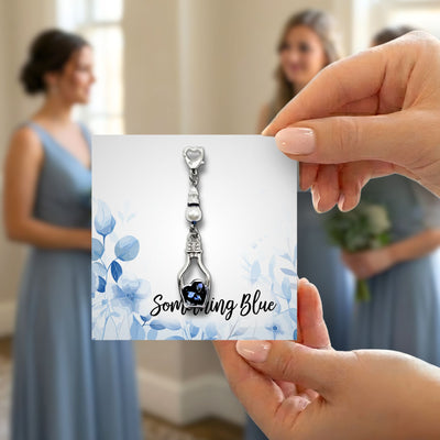 Something Blue Time in a Bottle Bridal Charm – Crystal Wedding Keepsake for Bride, Bouquet Charm with Heart Clasp and Pin, Jewelry Pouch