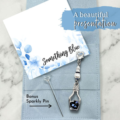 Something Blue Time in a Bottle Bridal Charm – Crystal Wedding Keepsake for Bride, Bouquet Charm with Heart Clasp and Pin, Jewelry Pouch
