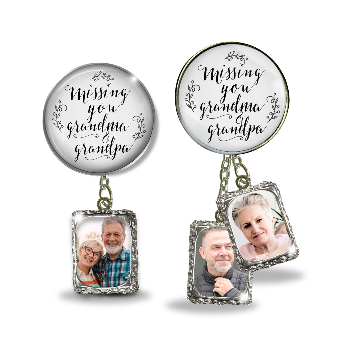 Groom's Boutonniere Pin Missing You Grandma & Grandpa Wedding Memorial Silver Photo Picture Frame Charm