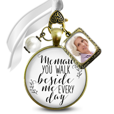 Memaw You Walk Beside Me Every Day Memorial Bouquet Charm, Bronze, White Glass, White Pearl