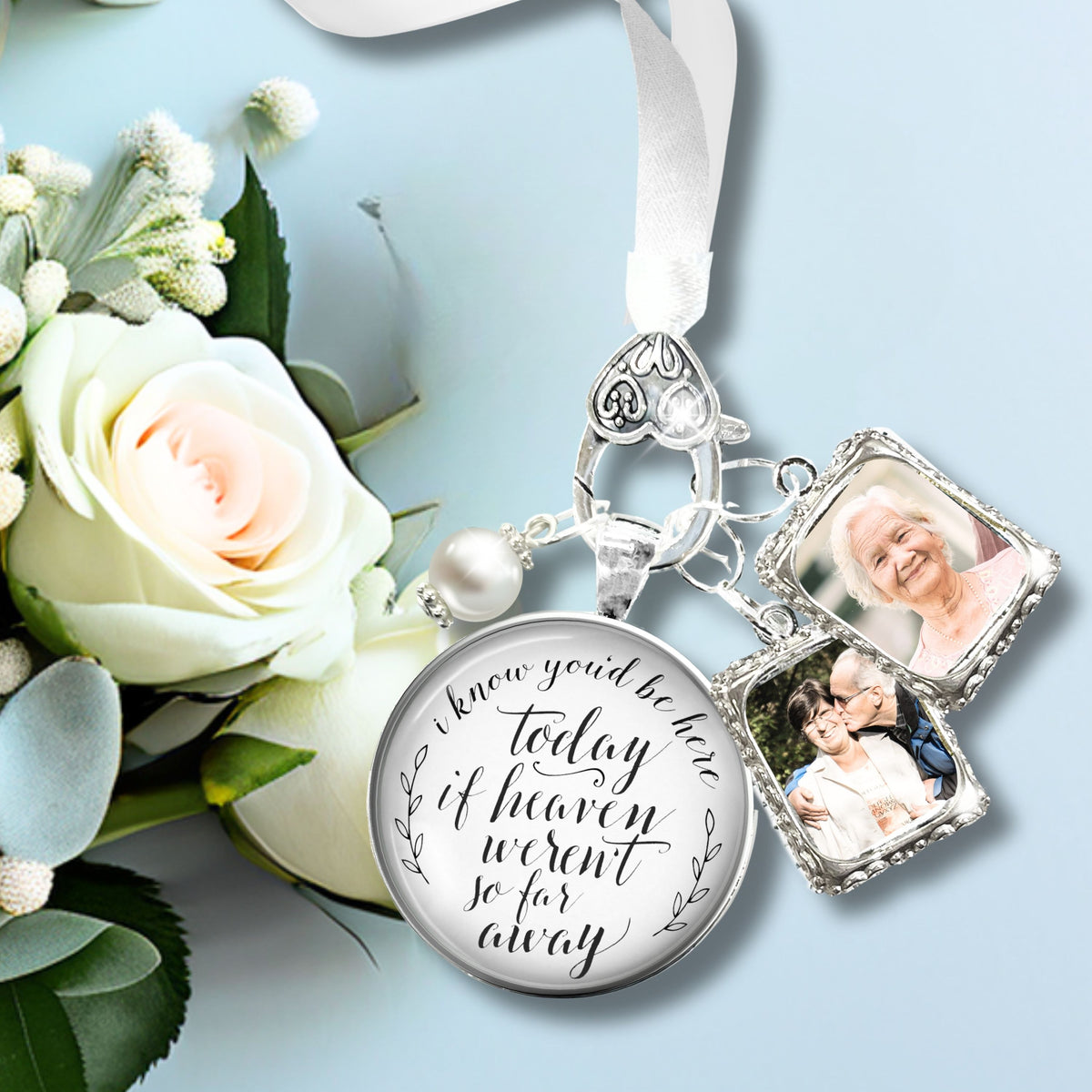 Wedding Bouquet Memorial Charm I Know You'd Be Here Heaven Silvertone 2 Frames Jewels