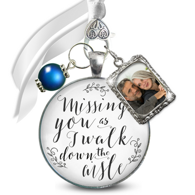 Wedding Bouquet Charm Missing You White Silver Tone Charm Photo Jewelry Blue Bead