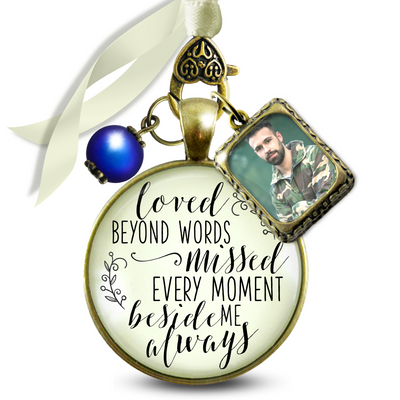 Loved Beyond Words Missed Every Moment Memorial Bouquet Charm Bronze Cream Glass Blue Pearl 1 Frame