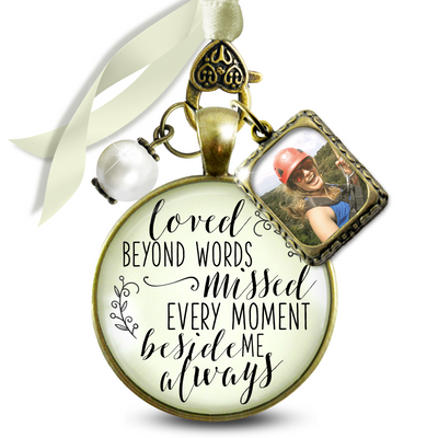 Loved Beyond Words Missed Every Moment Memorial Bouquet Charm Bronze Cream Glass White Pearl 1 Frame