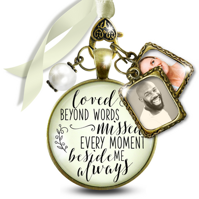 Loved Beyond Words Missed Every Moment Memorial Bouquet Charm Bronze Cream White Pearl 2 Frames