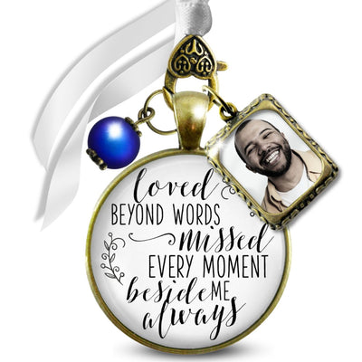Loved Beyond Words Missed Every Moment Memorial Bouquet Charm Bronze White Glass Blue Pearl 1 Frame