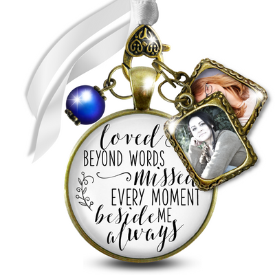 Loved Beyond Words Missed Every Moment Memorial Bouquet Charm Bronze White Glass Blue Pearl 2 Frames