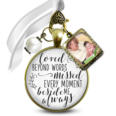 Loved Beyond Words Missed Every Moment Memorial Bouquet Charm Bronze White Glass White Pearl 1 Frame