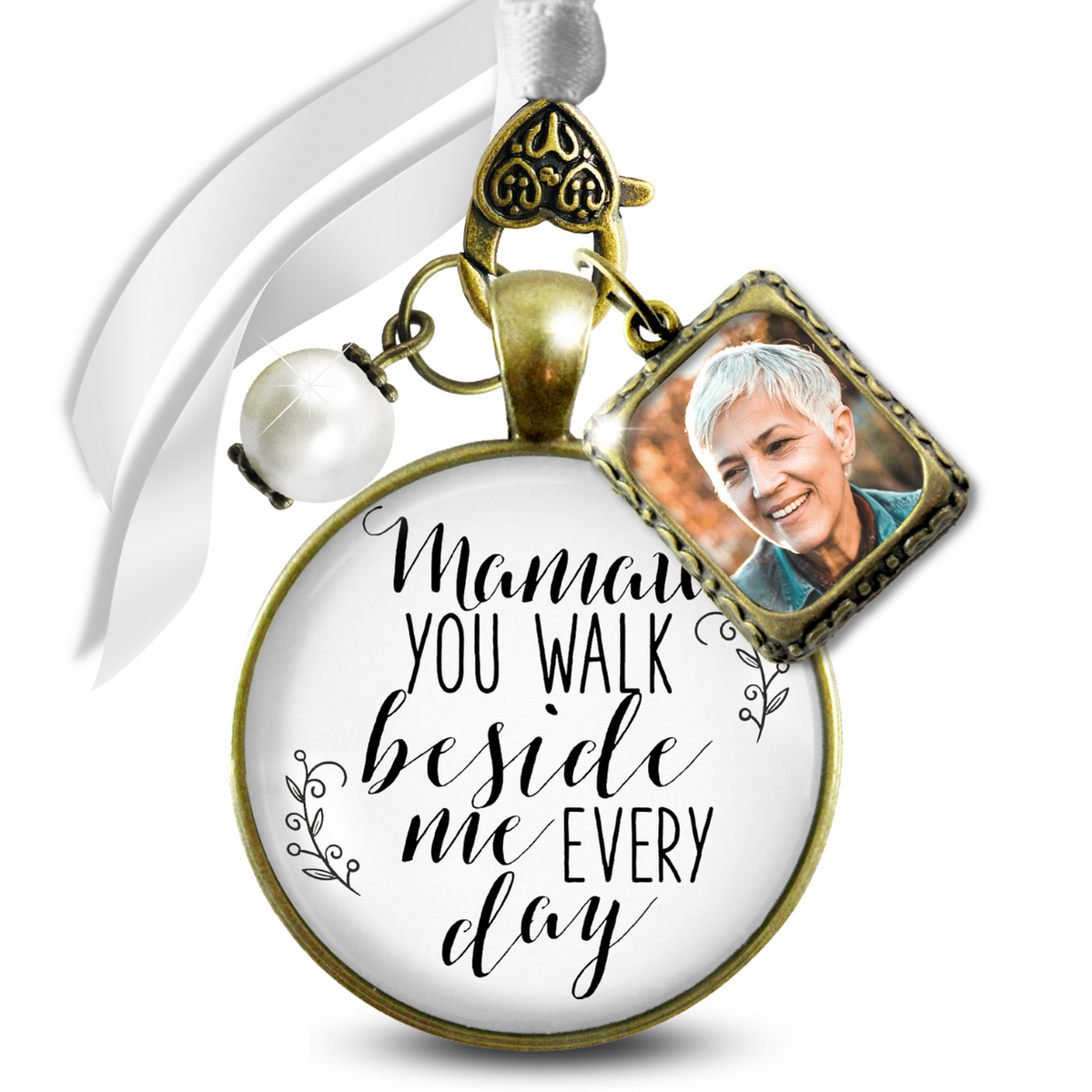 Mamaw You Walk Beside Me Every Day Memorial Bouquet Charm, Bronze, White Glass, White Pearl