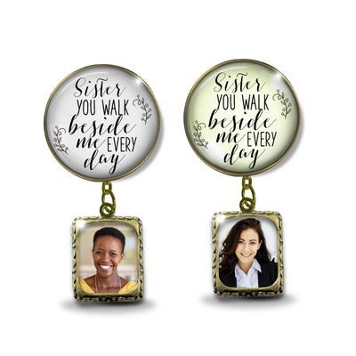 Groom's Boutonniere Pin Wedding Memorial Honor Sister Bronze White Cream Photo Picture Frame Charm