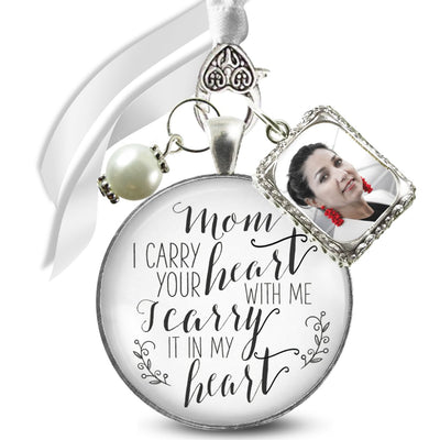 Bridal Bouquet Photo Charm Mom I Carry Your Heart Wedding White Silver Finish Memory