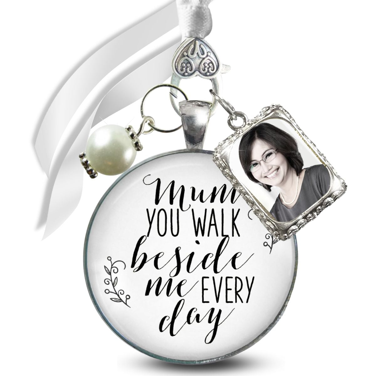 Bridal Bouquet Photo Charm Mum You Walk Wedding Mother Memorial Silver Photo Jewelry
