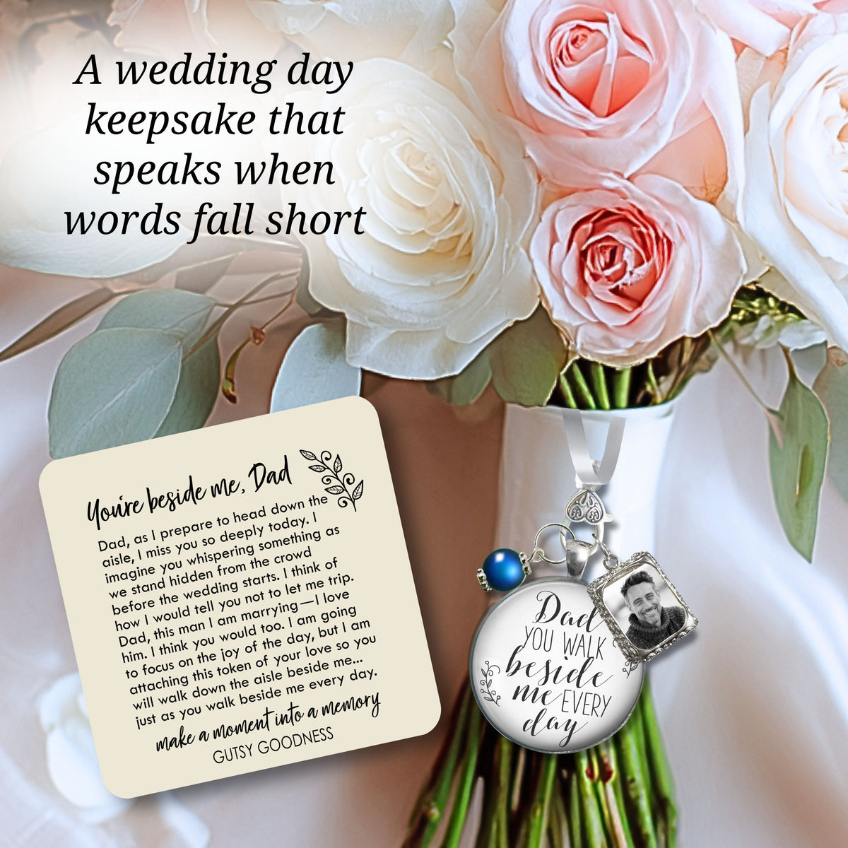 Bridal Bouquet Charm Dad You Walk Beside Me White Wedding Pendant Father Memorial Silver Jewelry