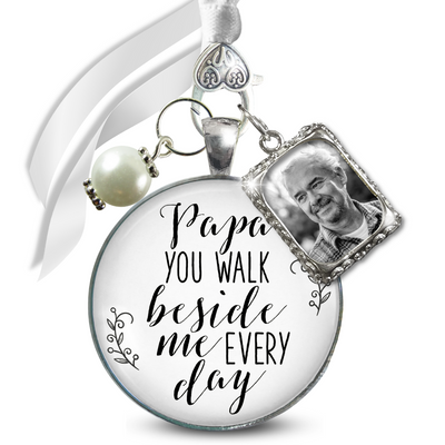 Papa Father Wedding White Bouquet Charm Photo Frame Memorial Silver Tone