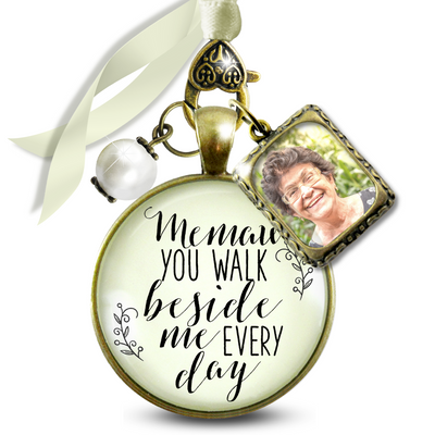 Memaw You Walk Beside Me Every Day Memorial Bouquet Charm, Bronze, Cream Glass, White Pearl