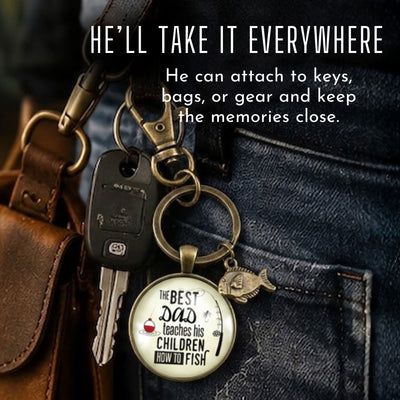 Dad Keychain – The Best Dad Teaches His Children How to Fish, Fishing Gift for Dad, Father Keepsake from Son or Daughter