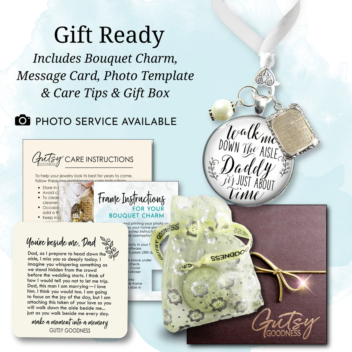 Wedding Bouquet Charm Walk Me Down Aisle Daddy Memorial Silver Tone Gift Photo Frame