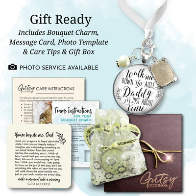 Wedding Bouquet Charm Walk Me Down Aisle Daddy Memorial Silver Tone Gift Photo Frame