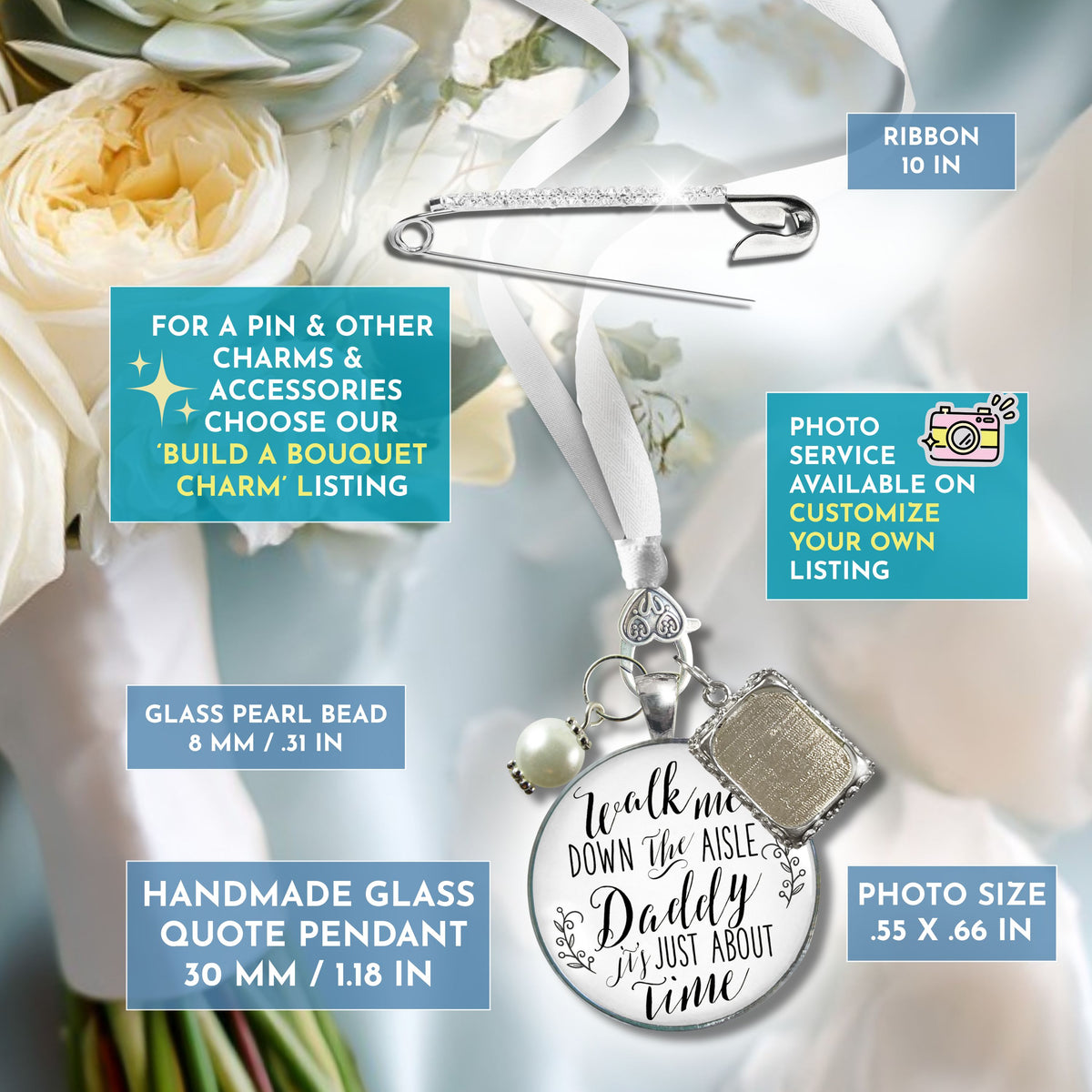 Wedding Bouquet Charm Walk Me Down Aisle Daddy Memorial Silver Tone Gift Photo Frame