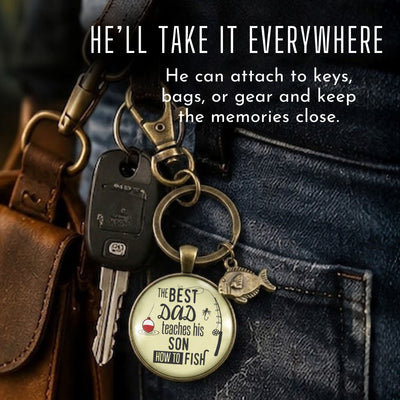 Dad Fishing Keychain – The Best Dad Teaches His Son How to Fish, Fishing Gift from Son, Father Keepsake with Fishing Charm