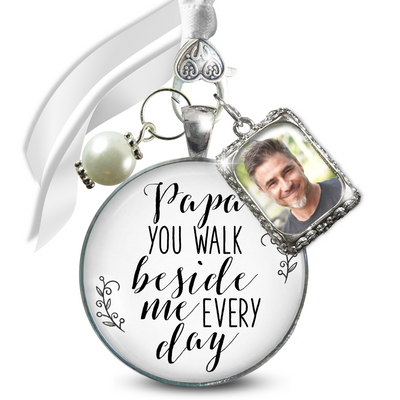 Papa Wedding White Bouquet Charm Grandpa Frame Memorial Grandfather Silver Tone Jewel